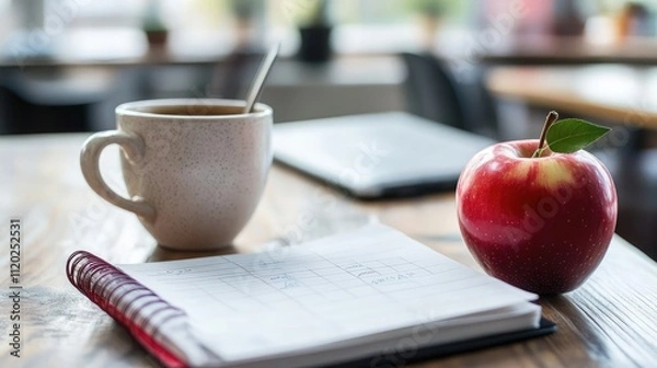 Fototapeta A teacher's desk with an open lesson planner, a coffee cup, and an apple