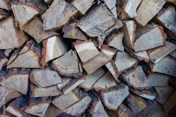 Obraz A stack of neatly arranged firewood, ready for winter.  Various sizes and shades of wood are visible.