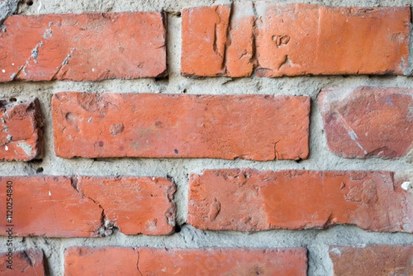 Obraz Close-up view of an old brick wall with aged bricks and mortar.