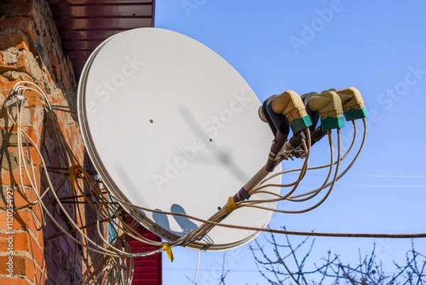 Obraz Satellite dish mounted on a brick wall against a clear blue sky. Multiple cables connect to the receiver.
