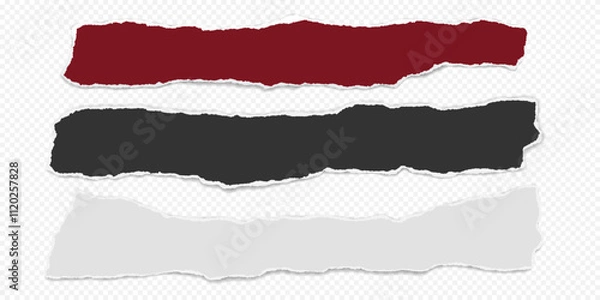 Fototapeta Red, black and white pieces of paper with torn edges and soft shadow are on transparent background for text or ad.