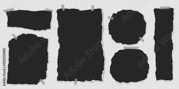 Obraz Set of torn black note paper pieces with sticky tape are on transparent background for text, notes or ad.