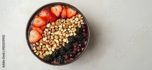 Fototapeta Healthy smoothie bowl topped with strawberries, almonds, blackberries, and cherries, copy space for text