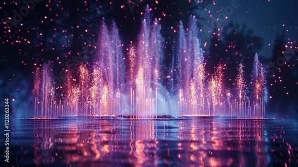 Fototapeta Illuminated fountain display at night, colorful water jets reflecting on calm water surface.
