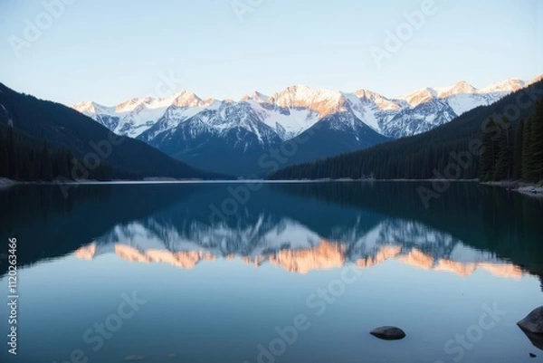 Fototapeta Tranquil Lake Reflection in a Serene Mountain Setting with Snow-Capped Peaks and Clear Blue Sky at Dawn