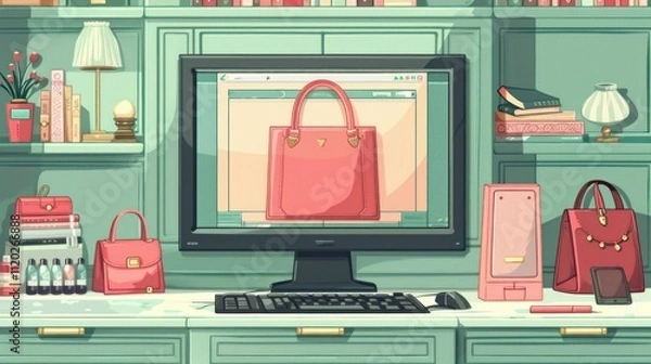 Fototapeta Designer's workspace with computer showing handbag design.