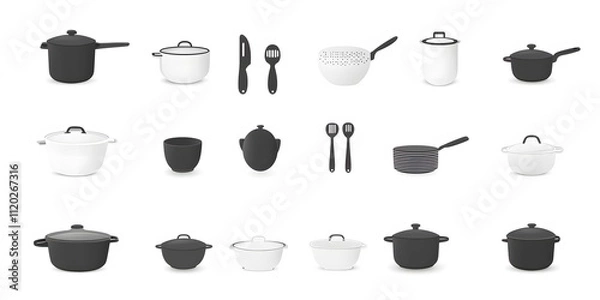 Fototapeta Theme: Food, Cooking, Kitchen Utensils, Icon Set, Shapes, Objects, Black and White, on White Background, Abstract Image, Texture, Pattern Background, Wallpaper, Cover and Screen of Smartphone, PC, Lap