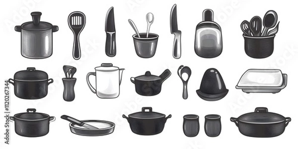 Fototapeta Theme: Food, Cooking, Kitchen Utensils, Icon Set, Shapes, Objects, Black and White, on White Background, Abstract Image, Texture, Pattern Background, Wallpaper, Cover and Screen of Smartphone, PC, Lap