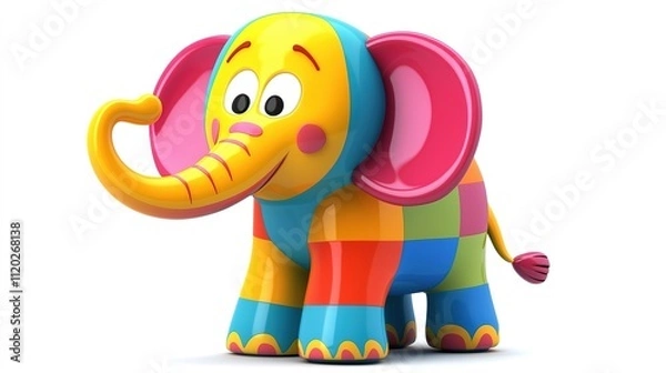 Fototapeta A colorful, cartoon-style elephant with a cheerful expression, featuring a patchwork design in vibrant hues.