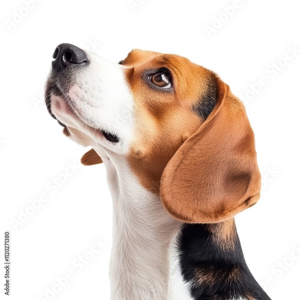 Fototapeta Beagle dog with expressive eyes looking upwards against transparency background isolated on transparent background