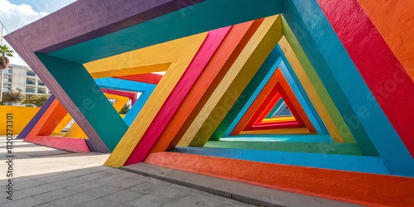 Fototapeta Brightly colored geometric structures create a mesmerizing tunnel effect with a series of triangular shapes.Vibrant hues of red, blue, yellow, and green lead the eye towards the vanishing point. AI ge