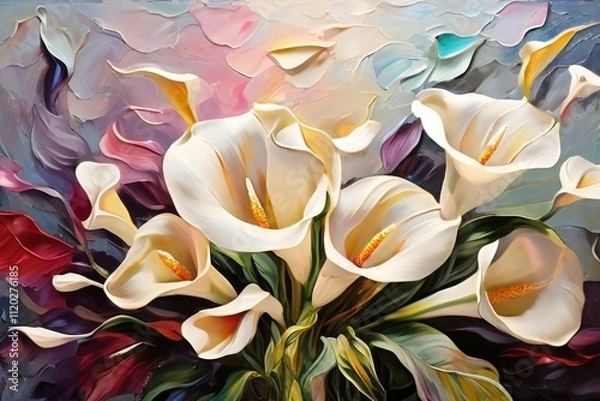 Fototapeta a painting of calla in abstract background , Illustration orchid flower or blooming lilies, Minimalist watercolor background of calla lilies