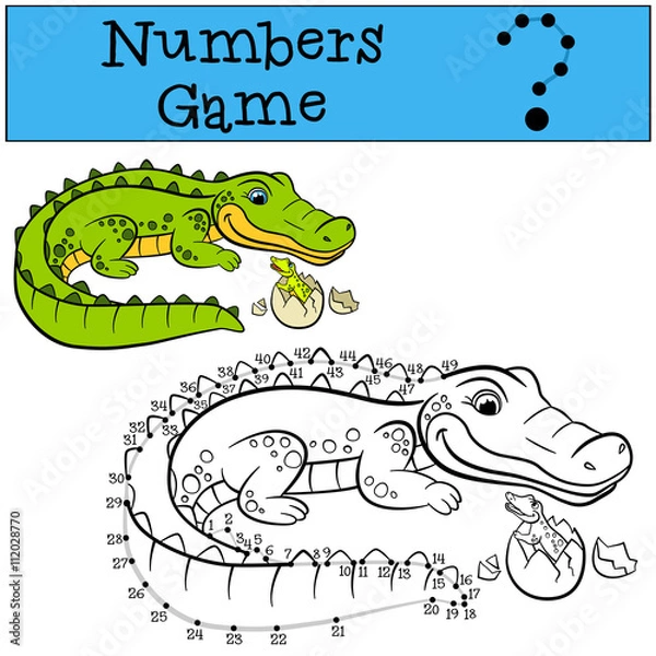 Obraz Educational games for kids: Numbers game with contour. Mother alligator with her little cute baby alligator.