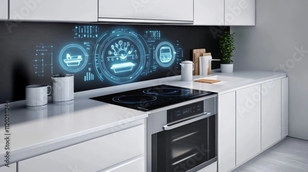Fototapeta Futuristic smart kitchen with AI technology, holographic displays, and smart appliances, emphasizing innovation, home automation, and modern cooking.
