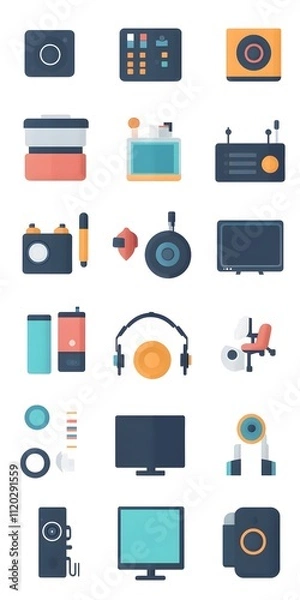 Fototapeta Theme: Electronics and Computers, Icon Set, Shapes, Objects, Colorful, on White Background, Abstract Image, Texture, Pattern Background, Wallpaper, Smartphone Cover and Screen, PC, Laptop, 9:16 and 16