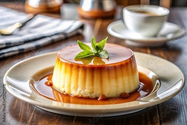 Fototapeta A silky caramel flan with a rich golden glaze, served on a plate, accompanied by a cozy coffee setting.