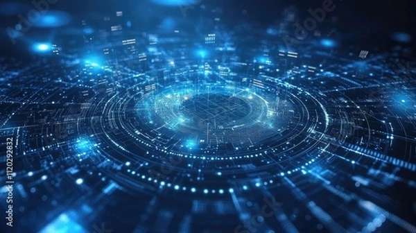 Fototapeta Abstract digital background featuring glowing blue lines and data patterns.