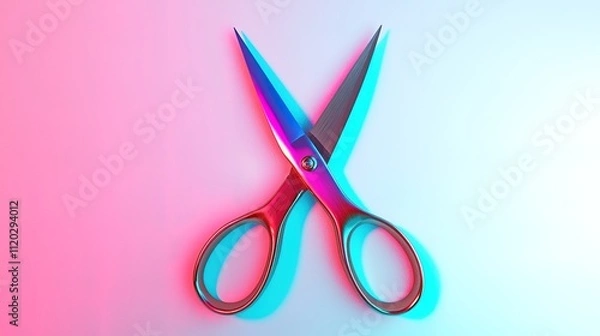 Obraz A pair of scissors with a colorful gradient, positioned on a soft background, highlighting their sharp blades and sleek design.