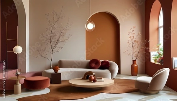 Fototapeta Modern and elegant Mocha Mousse living area, neutral color palette with curved furniture and soft textures