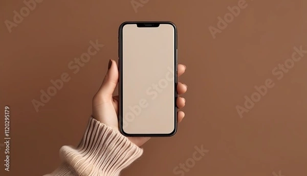 Fototapeta Modern phone mockup in hand, neutral PANTONE 17-1230 Mocha Mousse backdrop, simple and elegant design