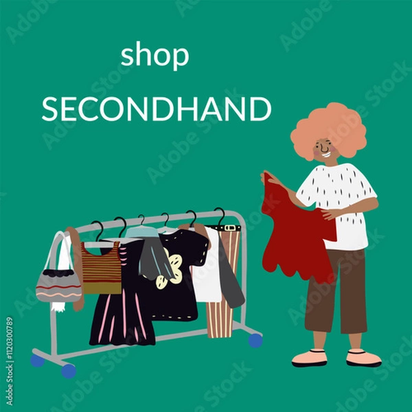 Obraz Woman thrifting clothes second hand vector artwork