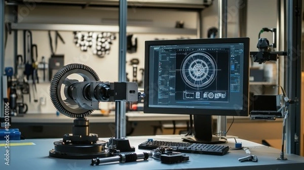 Fototapeta Realistic photo of a reverse engineering setup in a workshop. The scene includes a high-resolution 3D scanner positioned in front of a mechanical part, capturing its intricate details.
