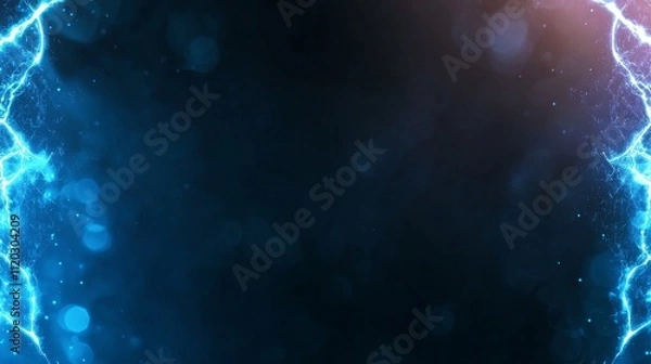 Obraz Abstract blue electric background with glowing neon lights, glimmering particles, and dark space for creative designs