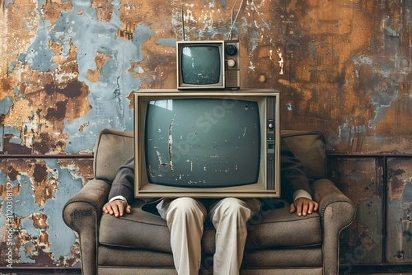 Fototapeta Surreal Portrait of a Person with Vintage TVs for a Head in a Rustic Setting