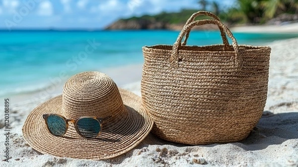 Obraz A straw hat and sunglasses on a beach next to the ocean