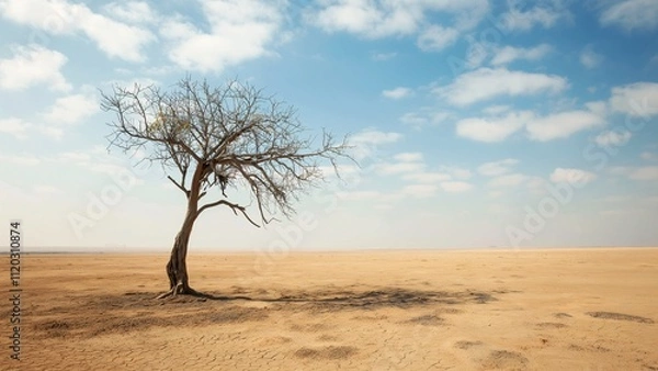 Fototapeta Bare Leafless Tree in a Vast Desert, Concept of Drought, Isolation, and Climate Change