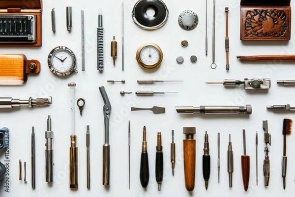 Obraz Precision instruments arranged neatly on white.