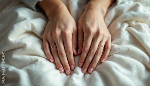 Obraz Relaxing Hands Resting on Soft White Bedding Cozy Bedroom Peaceful Atmosphere Close-up View