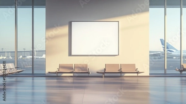 Fototapeta Blank billboard in airport waiting area with seats and runway view.