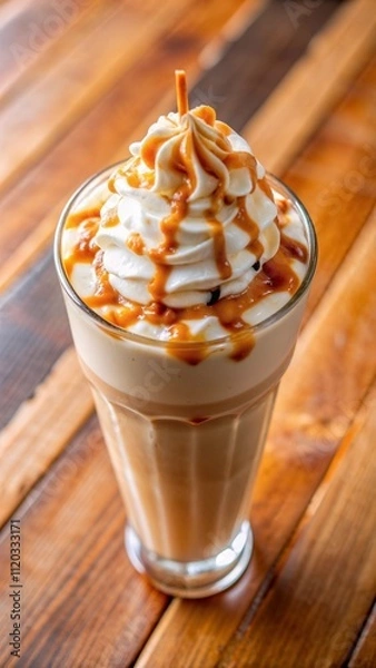 Fototapeta A creamy caramel milkshake topped with swirls of whipped cream and caramel drizzle, served in a tall glass on a rustic wooden table.