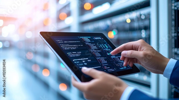Fototapeta Hands Using Tablet Device to Monitor Data Analytics in Modern Server Room Environment