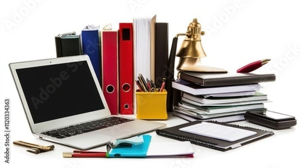 Fototapeta Laptop, stationery, and office supplies on a white background.