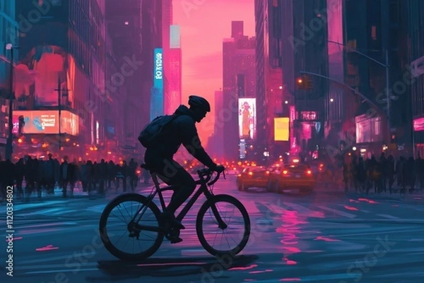 Fototapeta A cyclist rides through a bustling city street at twilight