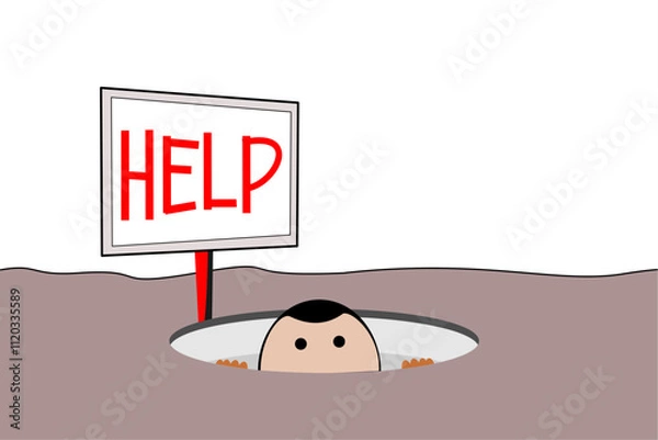 Fototapeta A cartoon character emerges from a hole, signaling for help with a sign.
