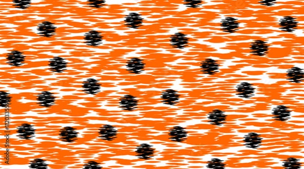 Fototapeta Vibrant Orange and Black Polka Dot Pattern. A lively polka dot design featuring contrasting orange and black elements on a textured white background.
