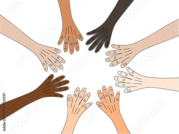 Fototapeta A visual representation of diverse hands coming together in a circle, collaboration, symbolizing unity and inclusion.