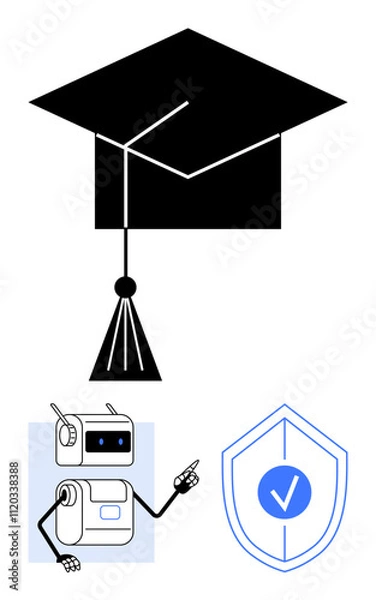 Fototapeta Graduation cap interactive robot, and shield with checkmark. Ideal for education, technology, security, achievement, learning, artificial intelligence, and protection themes. Line metaphor