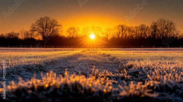 Obraz serene neighborhood at dawn with frost on grass, showcasing beautiful sunrise. golden light illuminates landscape, creating peaceful atmosphere