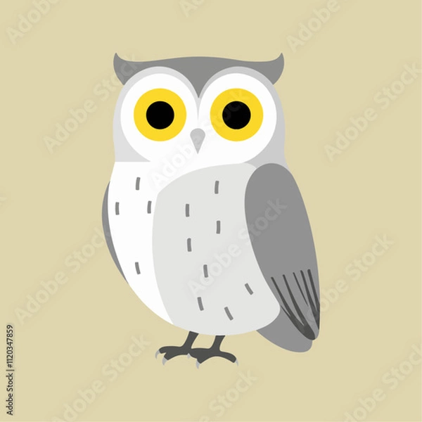 Fototapeta Flat vector illustration of a stylized snow owl with white body, yellow eyes, and gray accents, minimalistic design, cartoonish style, plain white background