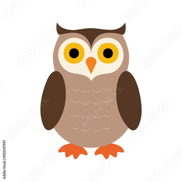 Fototapeta Flat vector illustration of a stylized owl with brown body, yellow eyes, and orange beak, minimalistic cartoon design, plain white background