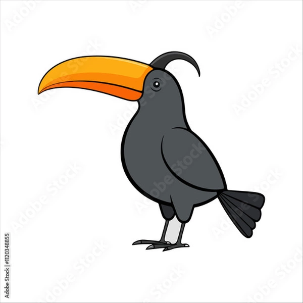 Fototapeta Flat vector illustration of a stylized hornbill with yellow-orange beak and dark gray body, minimalistic, cartoonish style, plain white background