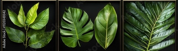 Fototapeta Tropical frond silhouettes, elegantly framed in black and green tones