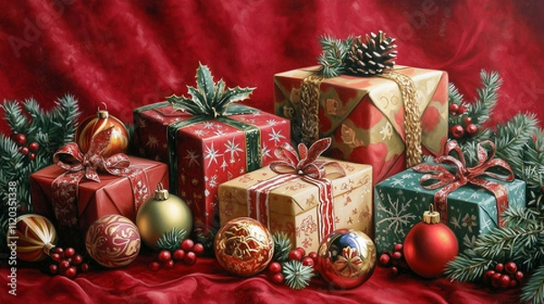Fototapeta Elegant vertical Christmas scene featuring beautifully wrapped gifts and colorful ornaments on a vibrant red background creating a festive holiday atmosphere