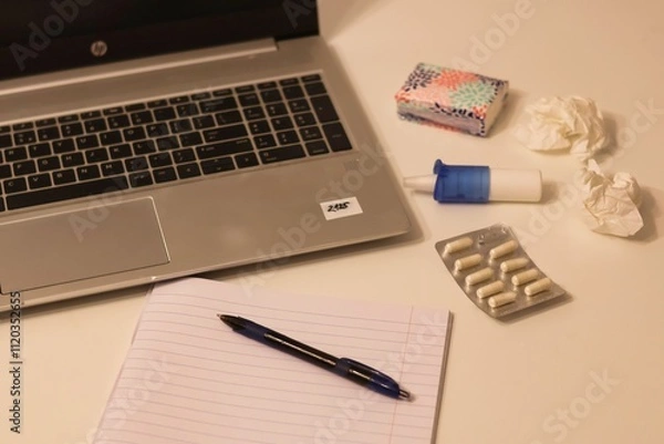 Obraz Working while sick; In the background there is a laptop, notebook, tissues, nasal spray and pills