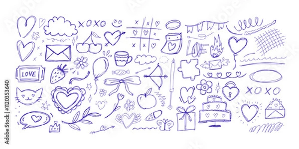 Fototapeta Blue ballpen scribble Valentine's Day art collection. Simple scratch squiggle lines set. Hand drawn hearts, underline strokes, doodles and arrows. Grunge marker stroke
