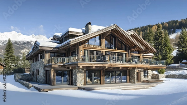 Fototapeta Hillside Alpine Chalet with Glacier Views, Modern Verbier Mountain Estate with Glass Atrium